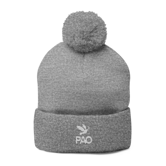 Embroidered Pom-Pom Knit Beanie — Cozy Grey Winter Hat with Small Dove Logo
